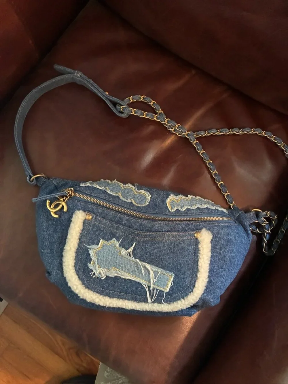 Chanel Denim Shearling Fur Waist Crossbody Bag White Blue Limited Edition